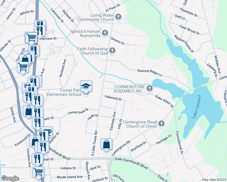 map of restaurants, bars, coffee shops, grocery stores, and more near 1714 Mission Oaks Street in Kannapolis
