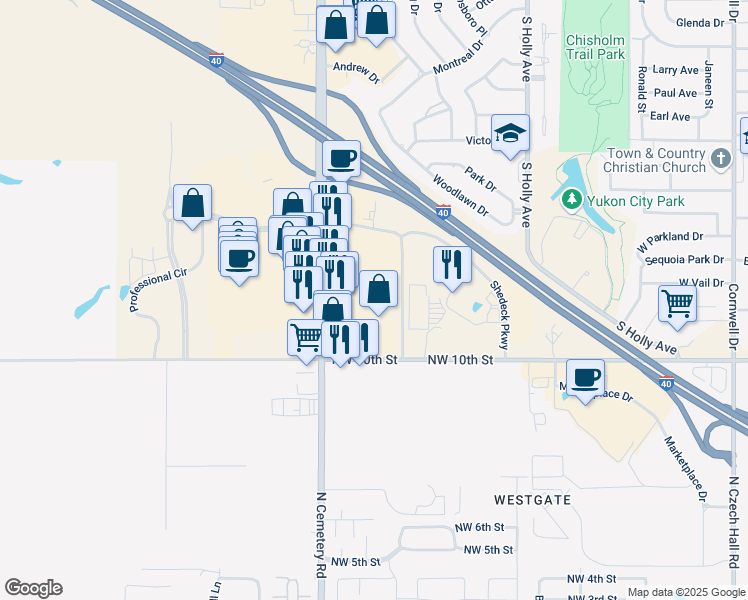 map of restaurants, bars, coffee shops, grocery stores, and more near 1701 Garth Brooks Boulevard in Yukon