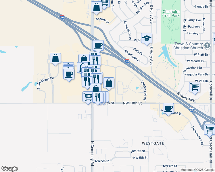 map of restaurants, bars, coffee shops, grocery stores, and more near 1701 Garth Brooks Boulevard in Yukon