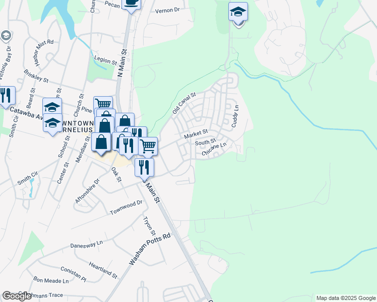 map of restaurants, bars, coffee shops, grocery stores, and more near 20126 Lamp Lighters Way in Cornelius