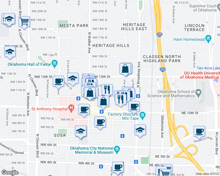 map of restaurants, bars, coffee shops, grocery stores, and more near 300 Northwest 12th Street in Oklahoma City
