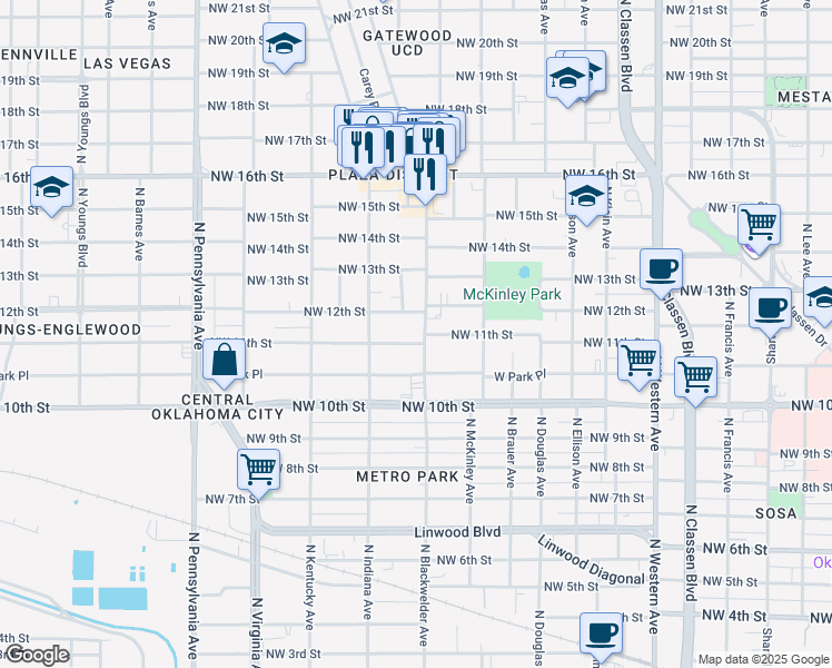 map of restaurants, bars, coffee shops, grocery stores, and more near 1209 North Blackwelder Avenue in Oklahoma City
