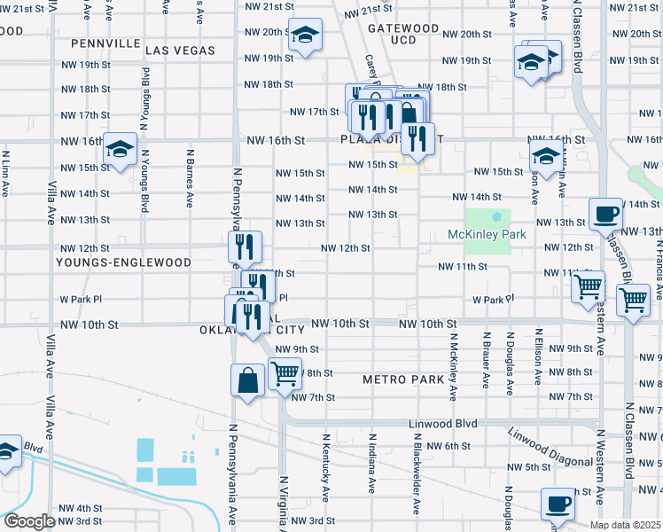 map of restaurants, bars, coffee shops, grocery stores, and more near 1901 Northwest 11th Street in Oklahoma City