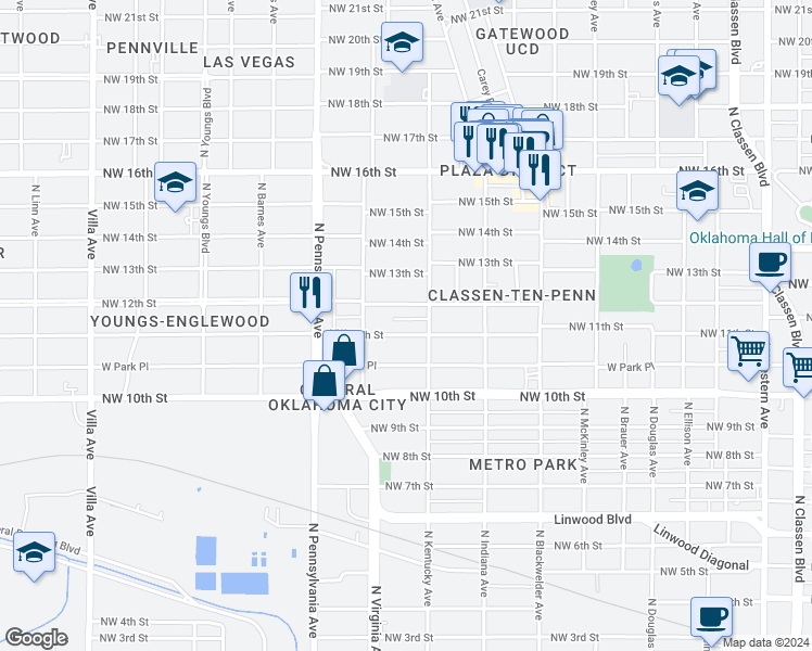 map of restaurants, bars, coffee shops, grocery stores, and more near 1901 Northwest 11th Street in Oklahoma City