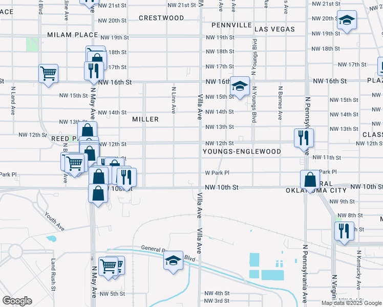 map of restaurants, bars, coffee shops, grocery stores, and more near 1205 North Villa Avenue in Oklahoma City