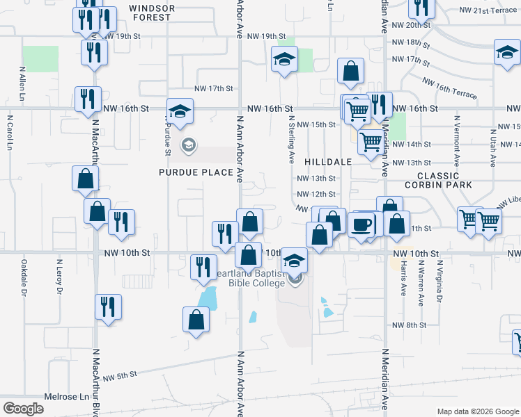 map of restaurants, bars, coffee shops, grocery stores, and more near 1206 North Ann Arbor Avenue in Oklahoma City