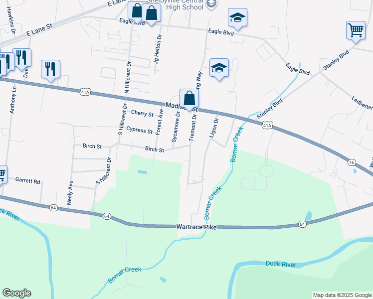 map of restaurants, bars, coffee shops, grocery stores, and more near 200 Tremont Drive in Shelbyville