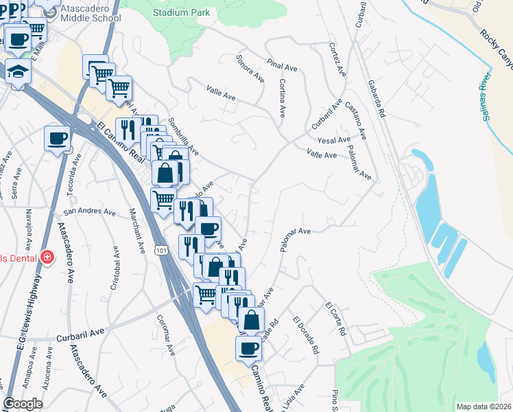 map of restaurants, bars, coffee shops, grocery stores, and more near 8960 Curbaril Avenue in Atascadero