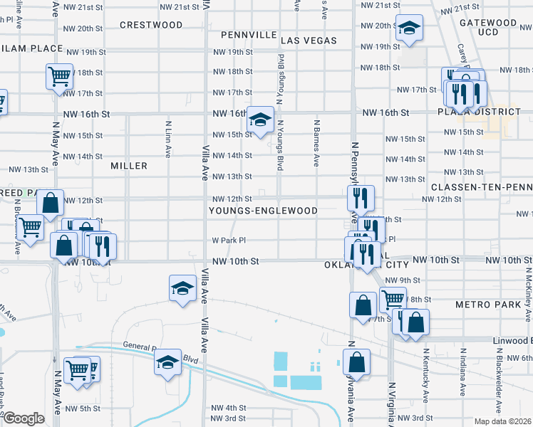 map of restaurants, bars, coffee shops, grocery stores, and more near 2301 Northwest 11th Street in Oklahoma City