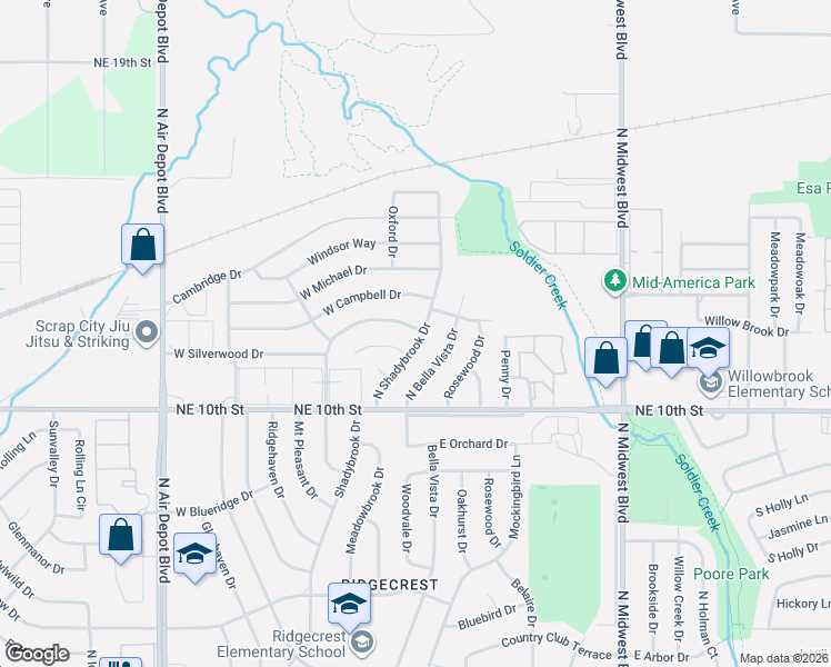 map of restaurants, bars, coffee shops, grocery stores, and more near 4007 North Shadybrook Drive in Midwest City