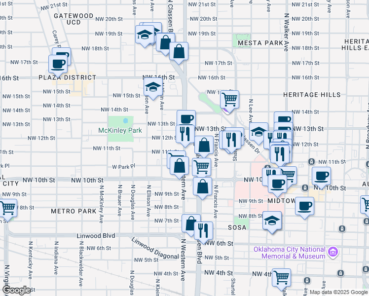 map of restaurants, bars, coffee shops, grocery stores, and more near 1244 North Western Avenue in Oklahoma City