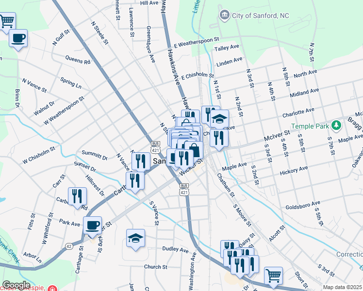 map of restaurants, bars, coffee shops, grocery stores, and more near 126 Carthage Street in Sanford