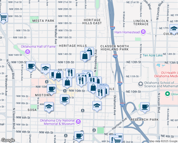 map of restaurants, bars, coffee shops, grocery stores, and more near 1201-1299 North Broadway Place in Oklahoma City