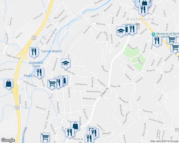 map of restaurants, bars, coffee shops, grocery stores, and more near 243 Grimball Drive in Waynesville