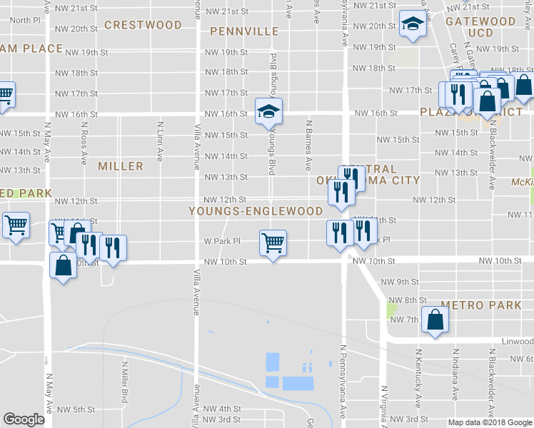 map of restaurants, bars, coffee shops, grocery stores, and more near 2301 Northwest 11th Street in Oklahoma City