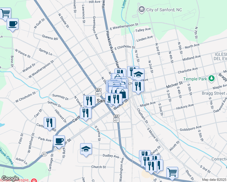 map of restaurants, bars, coffee shops, grocery stores, and more near 126 Carthage Street in Sanford
