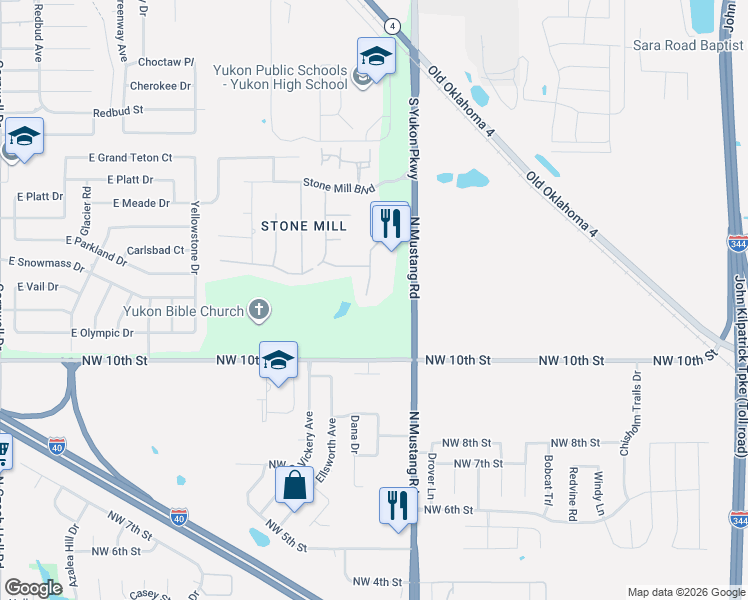 map of restaurants, bars, coffee shops, grocery stores, and more near 2316 Stone Mill Court in Yukon