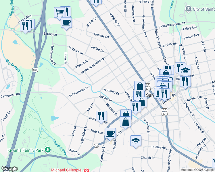 map of restaurants, bars, coffee shops, grocery stores, and more near 519 Cross Street in Sanford