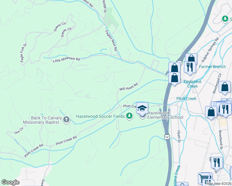 map of restaurants, bars, coffee shops, grocery stores, and more near 313 Will Hyatt Road in Waynesville
