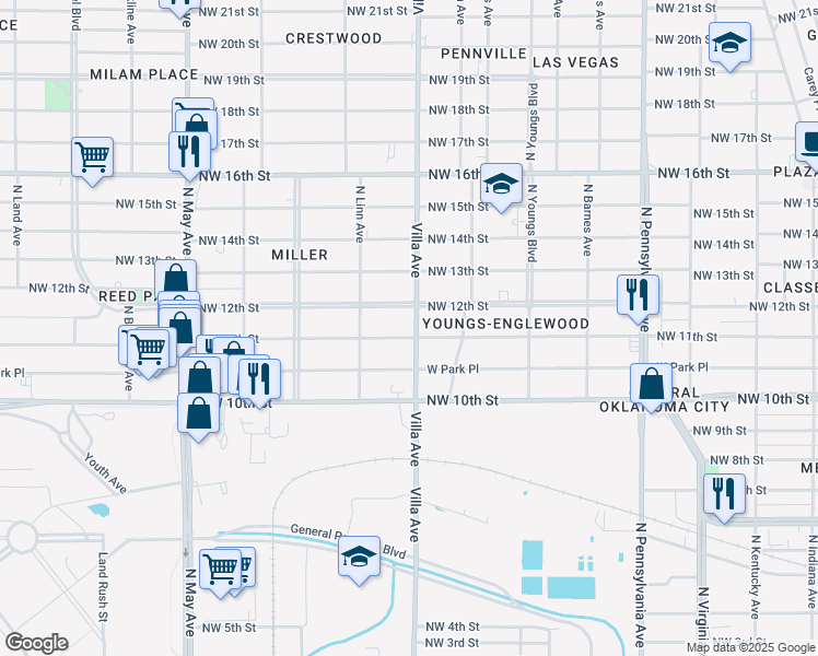 map of restaurants, bars, coffee shops, grocery stores, and more near 1205 North Villa Avenue in Oklahoma City