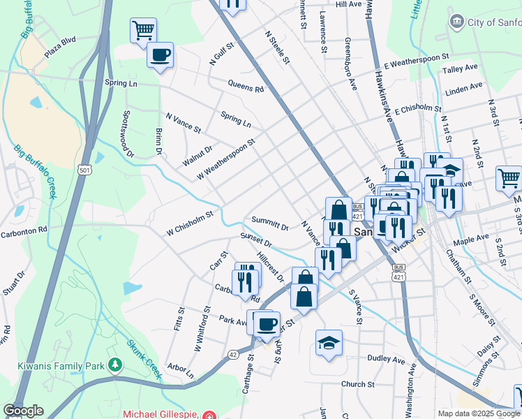 map of restaurants, bars, coffee shops, grocery stores, and more near 519 Cross Street in Sanford