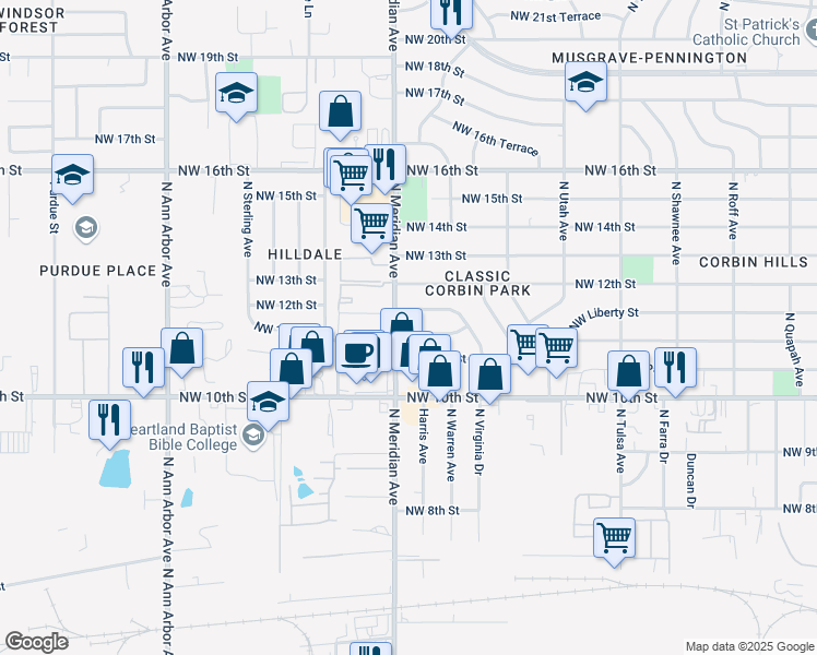 map of restaurants, bars, coffee shops, grocery stores, and more near 4445 Northwest 11th Terrace in Oklahoma City