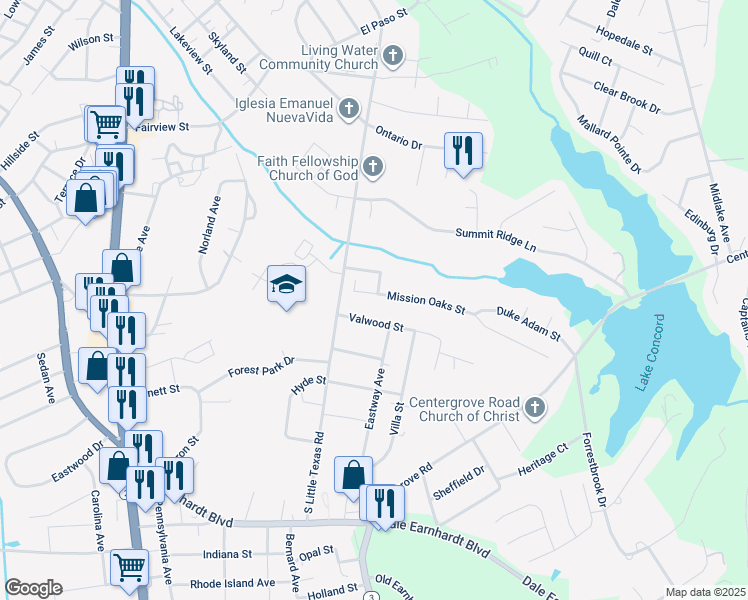 map of restaurants, bars, coffee shops, grocery stores, and more near 1710 Mission Oaks Street in Kannapolis