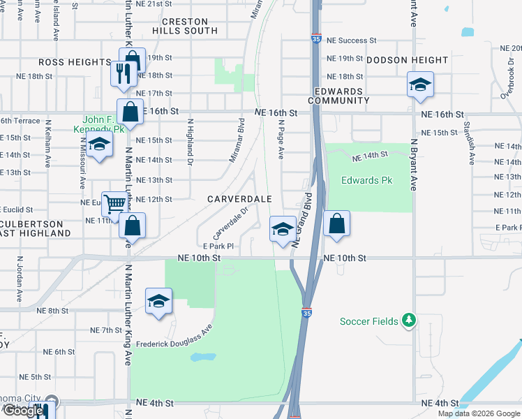 map of restaurants, bars, coffee shops, grocery stores, and more near 1216 Windemere Avenue in Oklahoma City