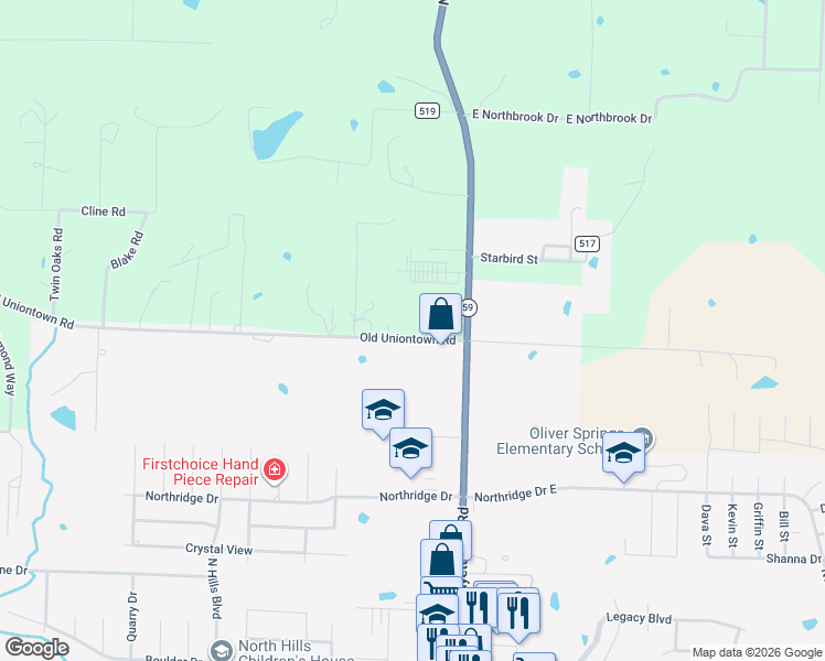 map of restaurants, bars, coffee shops, grocery stores, and more near 2100 Old Uniontown Road in Van Buren