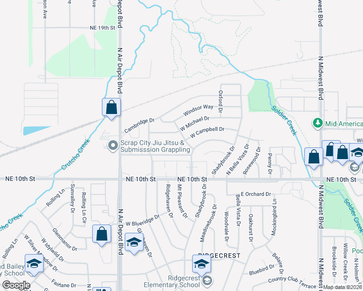 map of restaurants, bars, coffee shops, grocery stores, and more near 304 West Campbell Drive in Midwest City