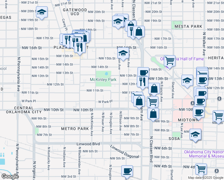 map of restaurants, bars, coffee shops, grocery stores, and more near 1321 Northwest 11th Street in Oklahoma City