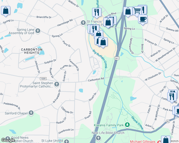 map of restaurants, bars, coffee shops, grocery stores, and more near 1602 Old Carbonton Road in Sanford