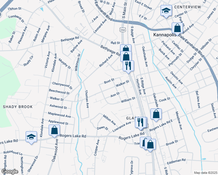 map of restaurants, bars, coffee shops, grocery stores, and more near 304 Walker Street in Kannapolis