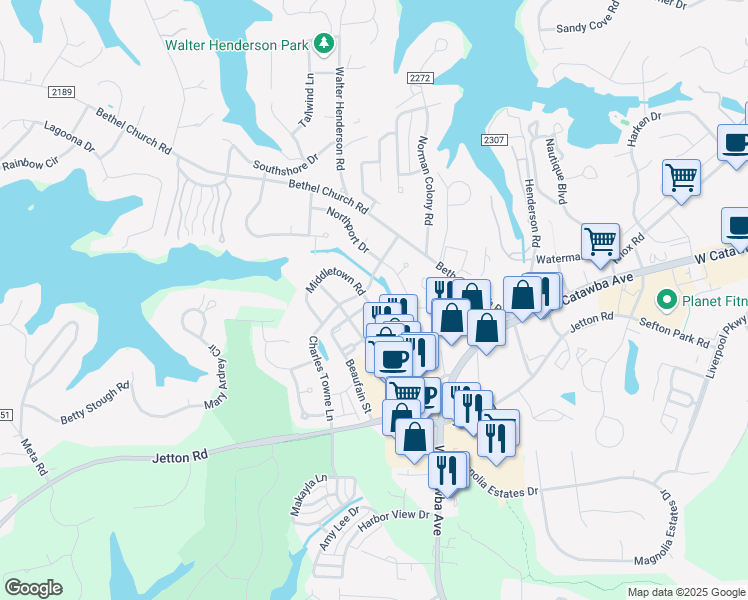 map of restaurants, bars, coffee shops, grocery stores, and more near 20232 Middletown Road in Cornelius