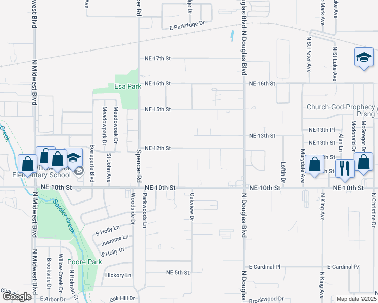 map of restaurants, bars, coffee shops, grocery stores, and more near 8736 Northeast 12th Street in Midwest City