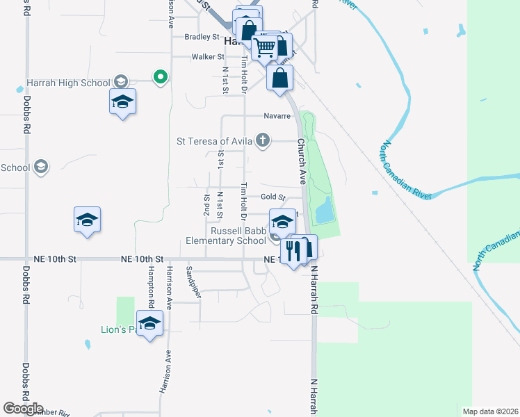 map of restaurants, bars, coffee shops, grocery stores, and more near 20809 Silver Street in Harrah