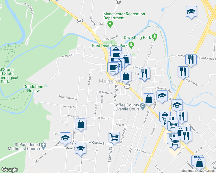map of restaurants, bars, coffee shops, grocery stores, and more near 302 South Irwin Street in Manchester