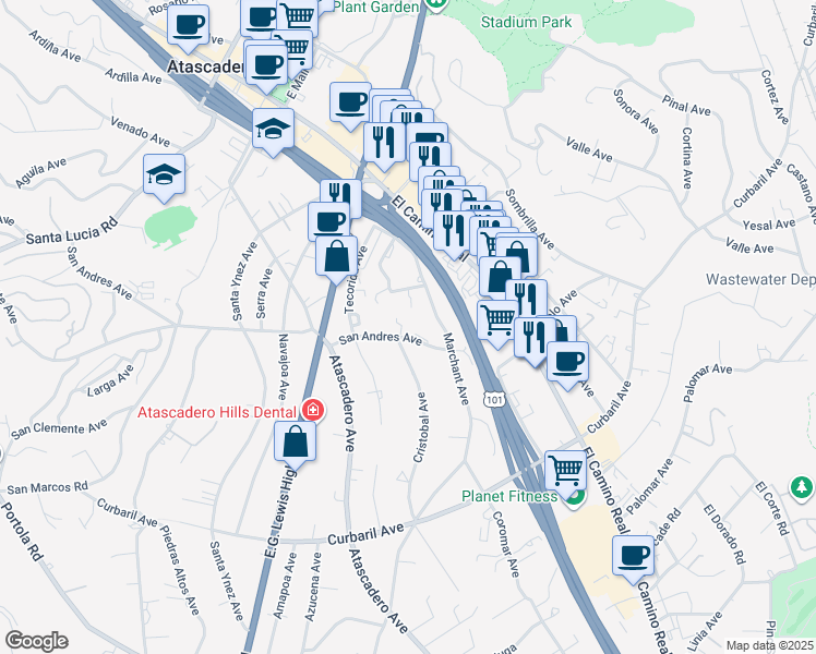 map of restaurants, bars, coffee shops, grocery stores, and more near 8495 San Andres Avenue in Atascadero