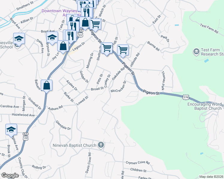 map of restaurants, bars, coffee shops, grocery stores, and more near 244 McCracken Street in Waynesville
