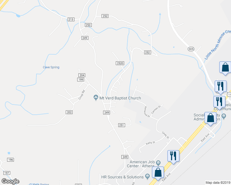 map of restaurants, bars, coffee shops, grocery stores, and more near 142 County Road 252 in Athens