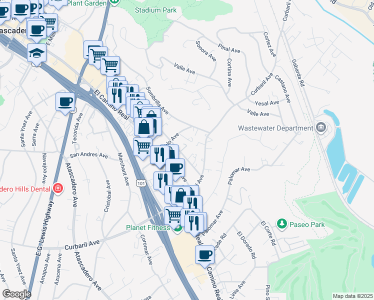 map of restaurants, bars, coffee shops, grocery stores, and more near 7685 Santa Ysabel Avenue in Atascadero