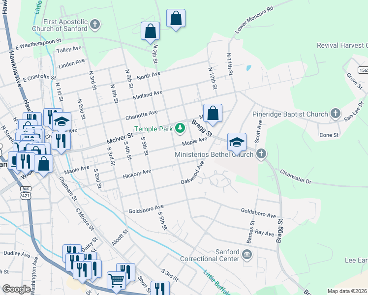map of restaurants, bars, coffee shops, grocery stores, and more near 301 South 7th Street in Sanford