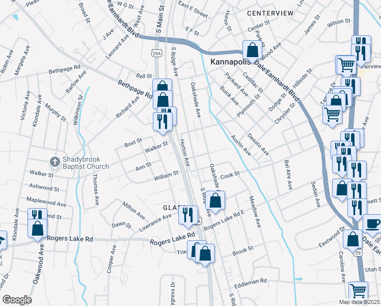 map of restaurants, bars, coffee shops, grocery stores, and more near 1014 South Ridge Avenue in Kannapolis