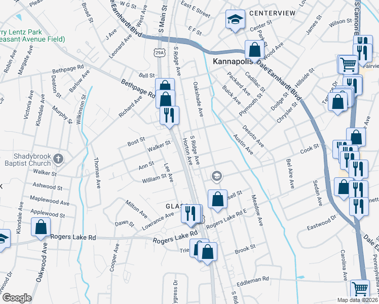 map of restaurants, bars, coffee shops, grocery stores, and more near 1014 South Ridge Avenue in Kannapolis