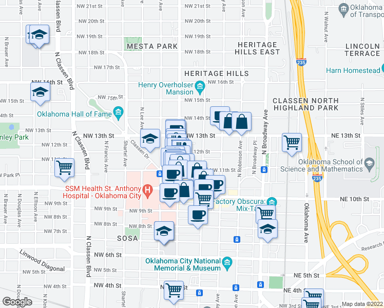 map of restaurants, bars, coffee shops, grocery stores, and more near 406 Northwest 12th Street in Oklahoma City