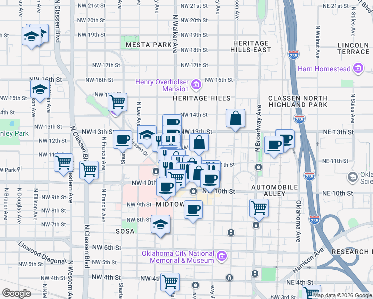 map of restaurants, bars, coffee shops, grocery stores, and more near 406 Northwest 12th Street in Oklahoma City