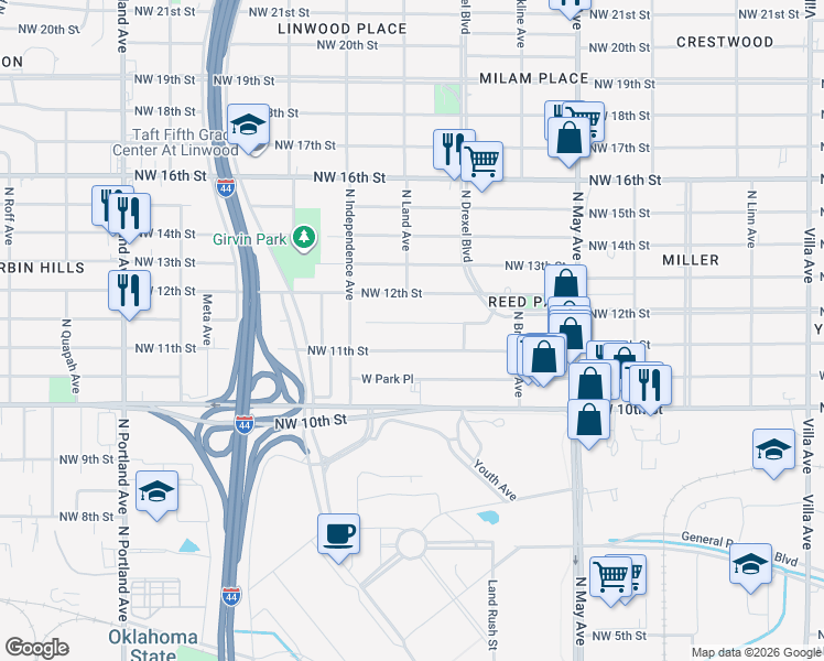 map of restaurants, bars, coffee shops, grocery stores, and more near 3136 Drexel Court in Oklahoma City