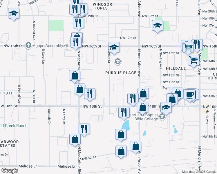 map of restaurants, bars, coffee shops, grocery stores, and more near 1130 Purdue Street in Oklahoma City