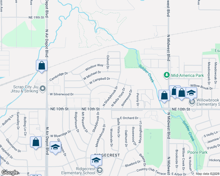 map of restaurants, bars, coffee shops, grocery stores, and more near 4007 North Shadybrook Drive in Midwest City