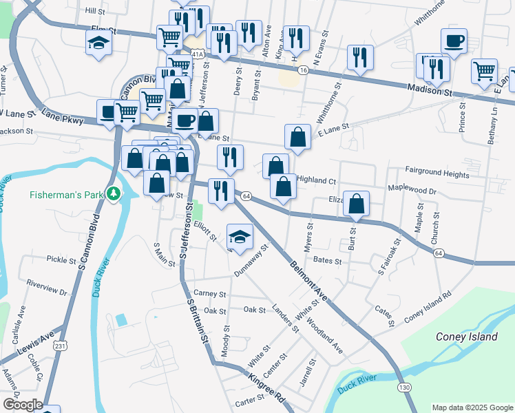 map of restaurants, bars, coffee shops, grocery stores, and more near 420 Depot Street in Shelbyville